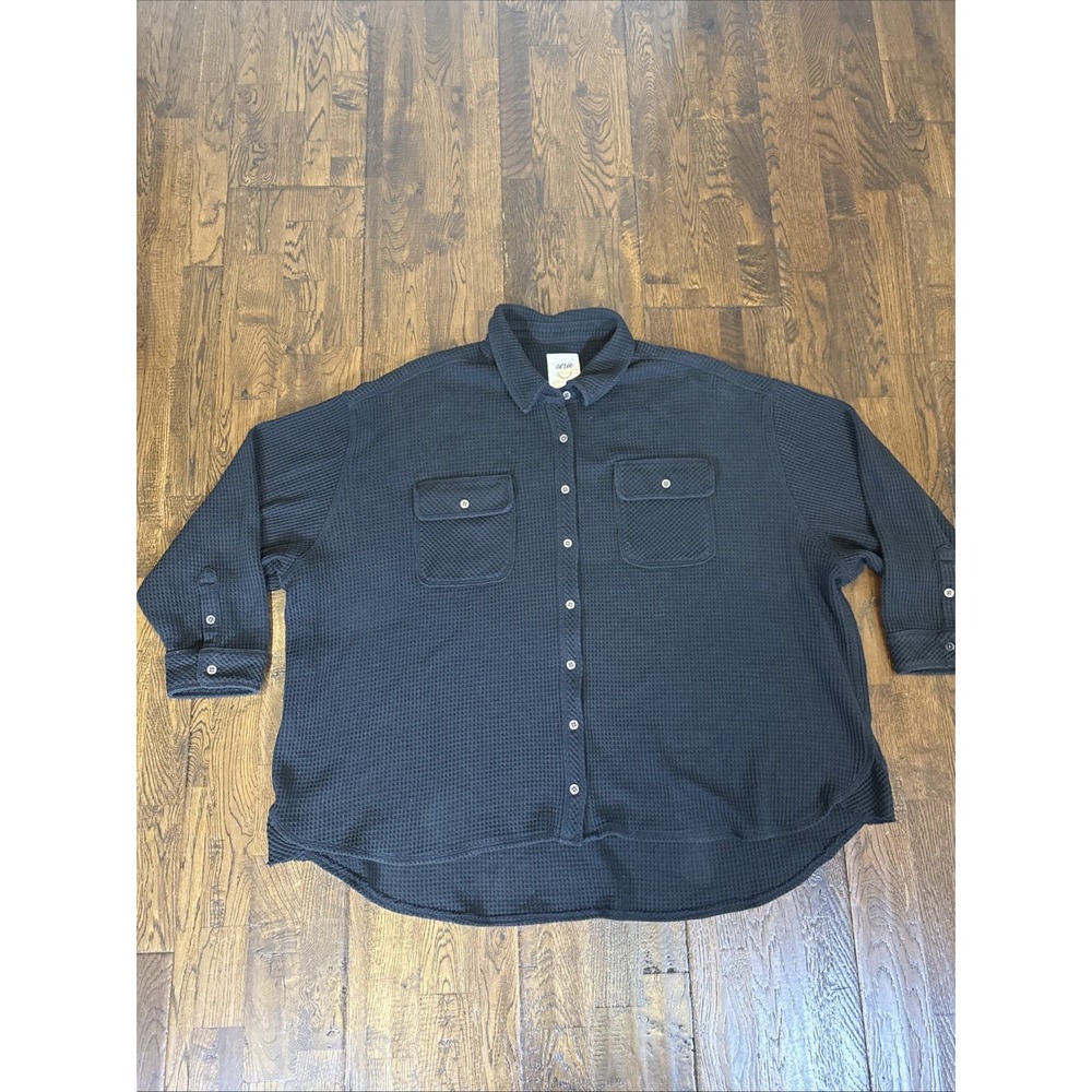 Aerie Waffle Lumber Jane Button Front Shirt Black Oversized Women’s XL Thermal
